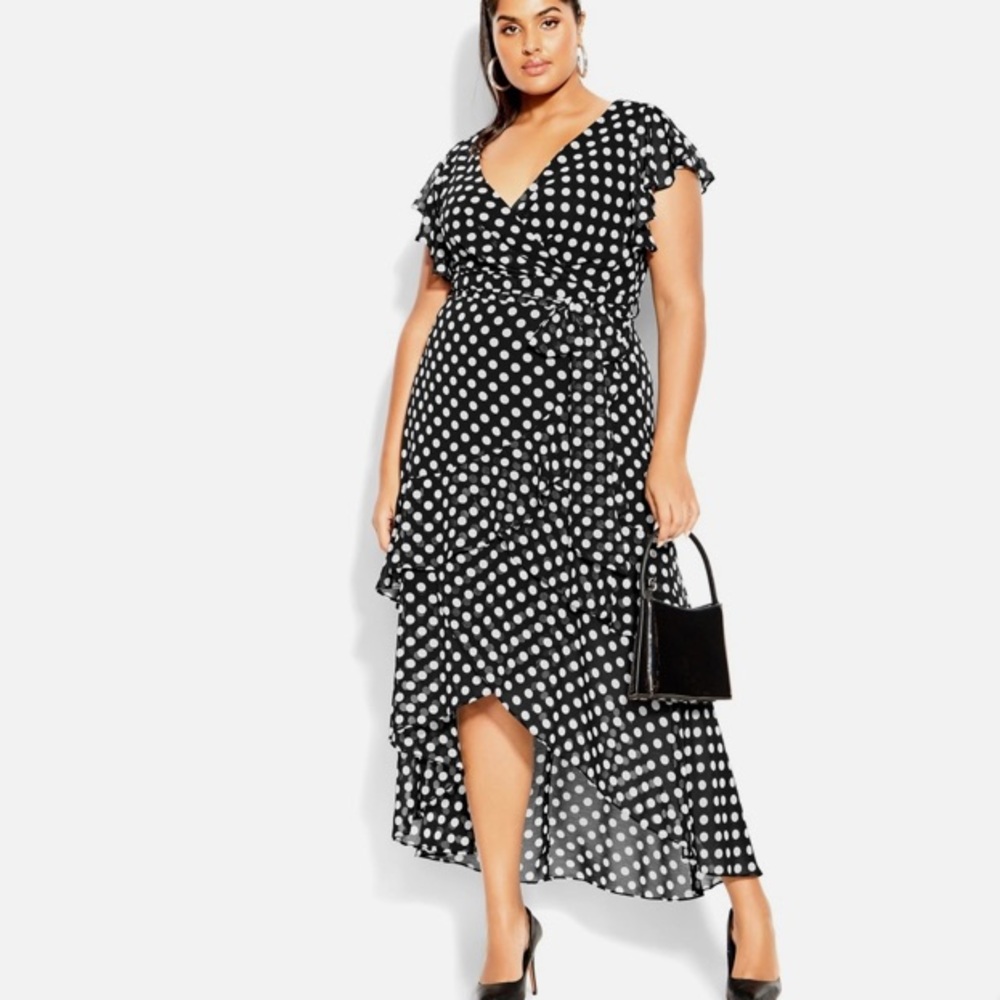 City Chic Black & White Polka Dot High-Low Wrap Dress